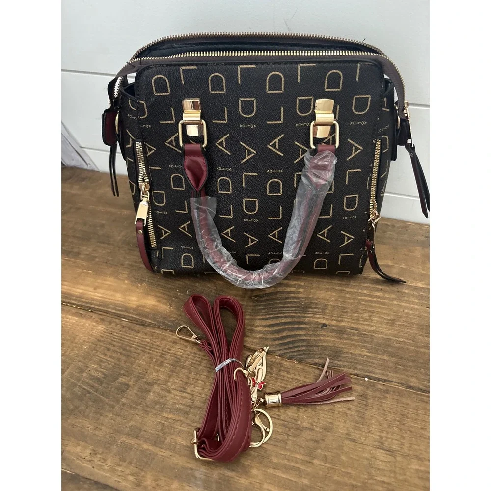 AOLDA Monogram Satchel Handbag Brown Burgundy Trim Gold Hardware Crossbody Bag